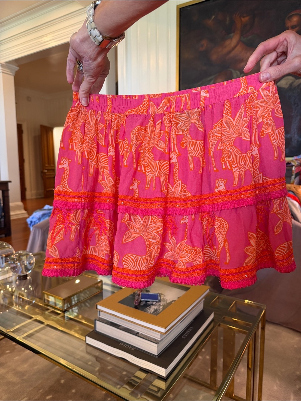 TAJ by Sabrina Crippa Pink and Orange Animal Print Tiered Mini Skirt